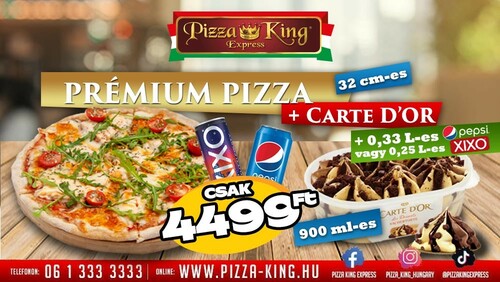 Pizza King 21 - 32cm prémium pizza jégkrémmel és üdítővel - Jégkrém menük - Online rendelés